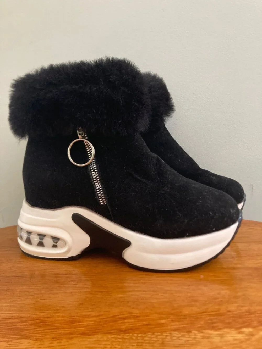 Faux Fur-Trimmed Black Wedge Ankle Boots With Air Cushion Sole Y2K, Gorpcore